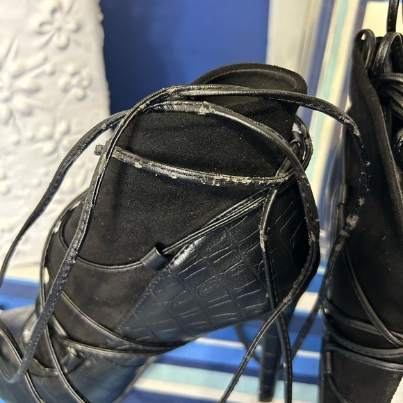 New black open croc animal print lace up high heel pointed pump boots - Picture 15 of 16